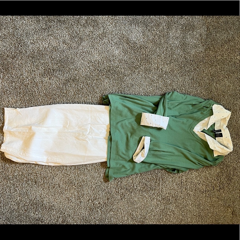 2xl white collared top with 3/4 sleeves and white capri pants size 18